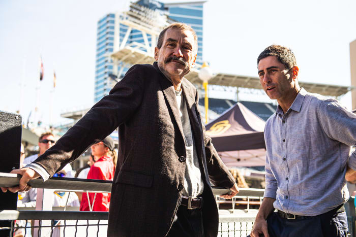 Padres owner Peter Siedler chats with his GM A.J. Preller.